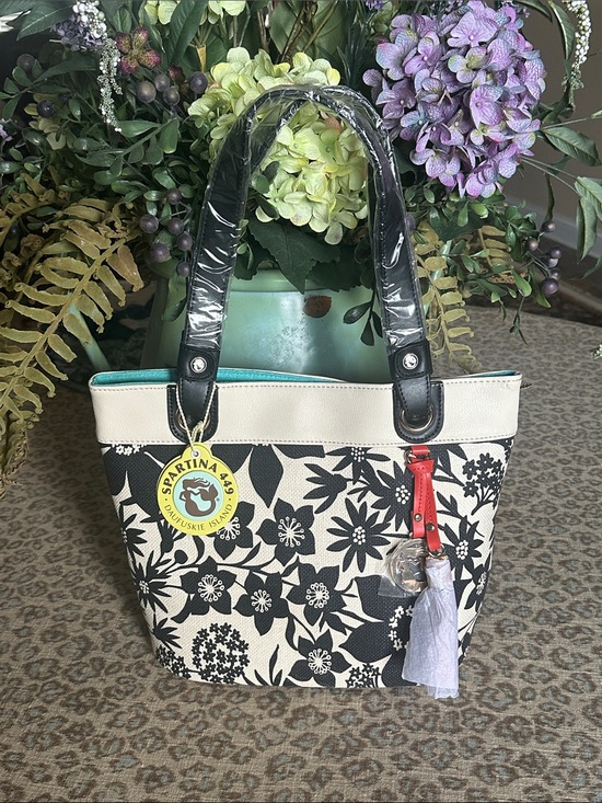 Spartina 449 Handbags - NWT Spartina 449 Black & Cream Floral Tote with Teal Interior Trim